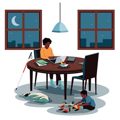 Illustration of student completing homework at night while child plays on floor.